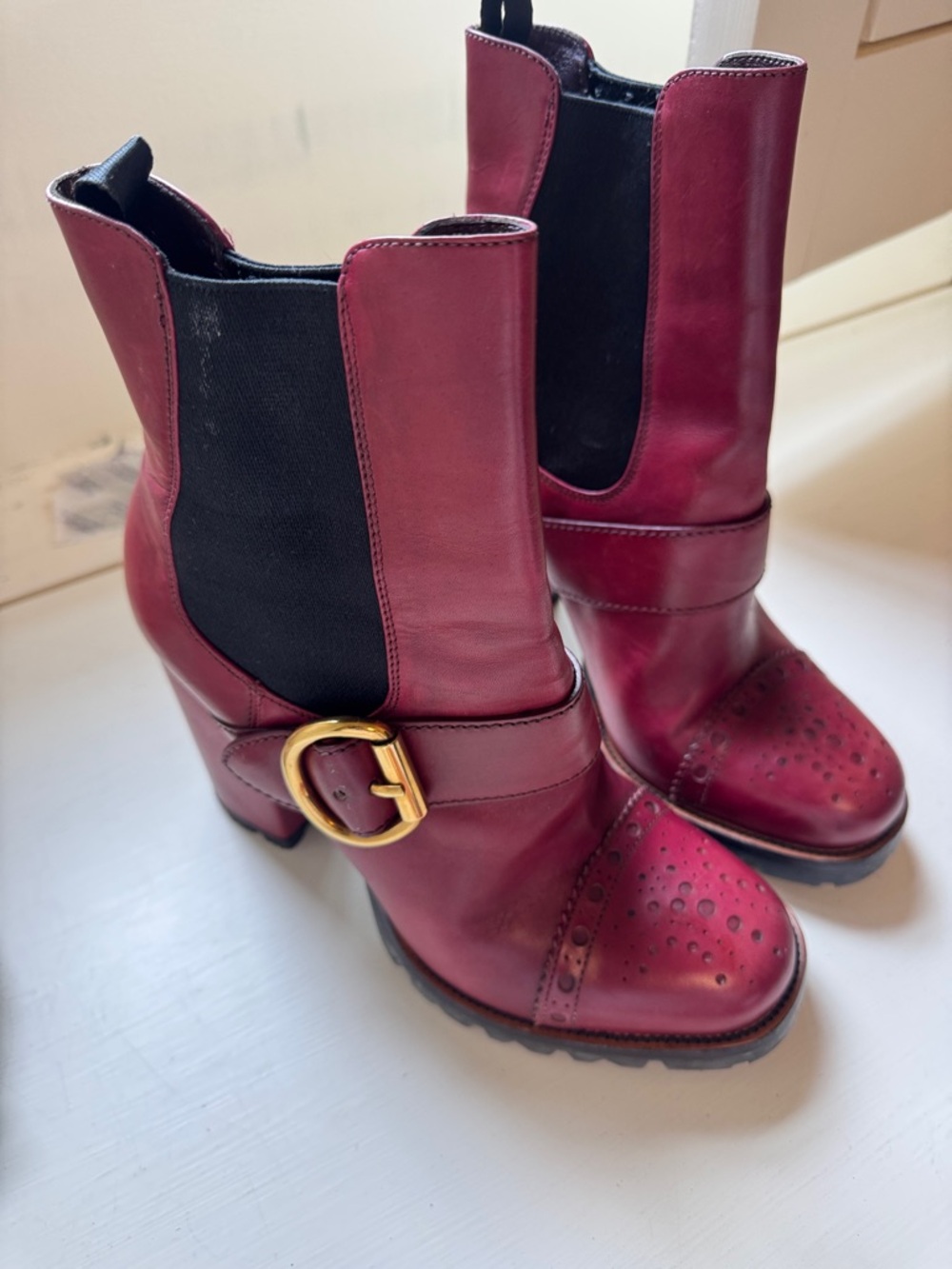 Women's Prada Burgundy Leather Buckle Ankle Boots